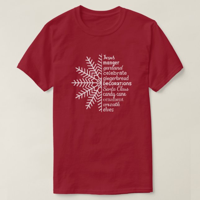 Half Snowflake and Half List of Christmas Words T- T-Shirt (Design Front)