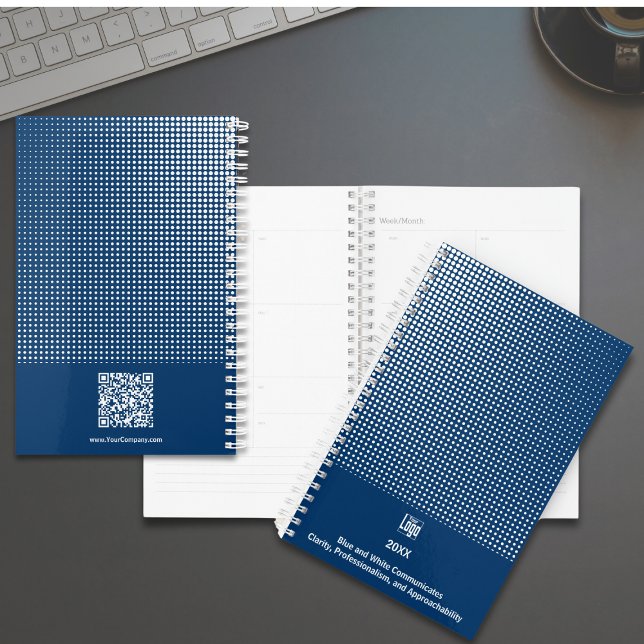 Half Tone Pattern Blue White Small Business Planner (Half Tone Pattern Blue White Small Business Planner, Logo, Tagline, QR-code)