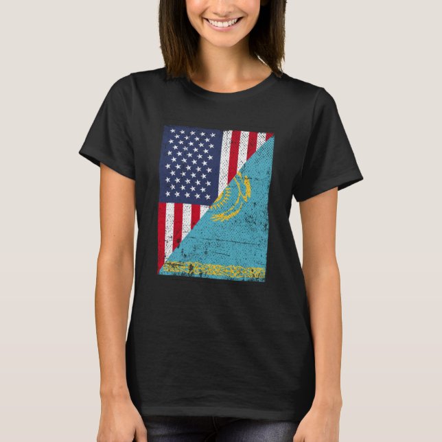 Half USA Flag Half Kazakhstan Flag American Kasach T-Shirt (Front)