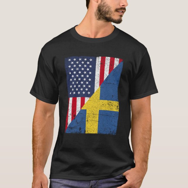 Half USA Flag Half Sweden Flag American Swedish T-Shirt (Front)