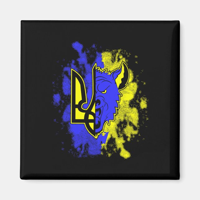Half Wolf Half Ukraine Tryzub Ukrainian Symbol And Magnet (Front)
