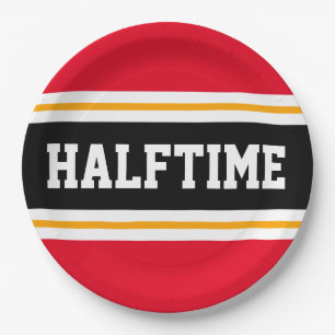 HALFTIME Bright Red Black White Yellow Stripes Paper Plate