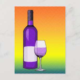 halftone comic wine glass and bottles postcard