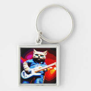 Halftone Metal Moggy Cat Guitarist in Denim Key Ring