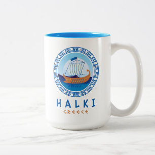 Halki, Greece Greek Ship Design Two-Tone Coffee Mug