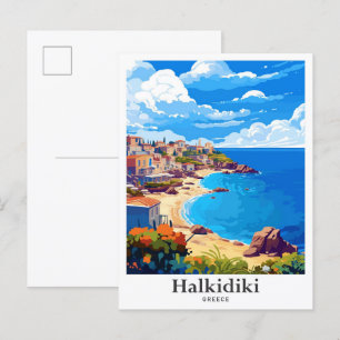 Halkidiki Greece Vintage Travel Illustration Postcard