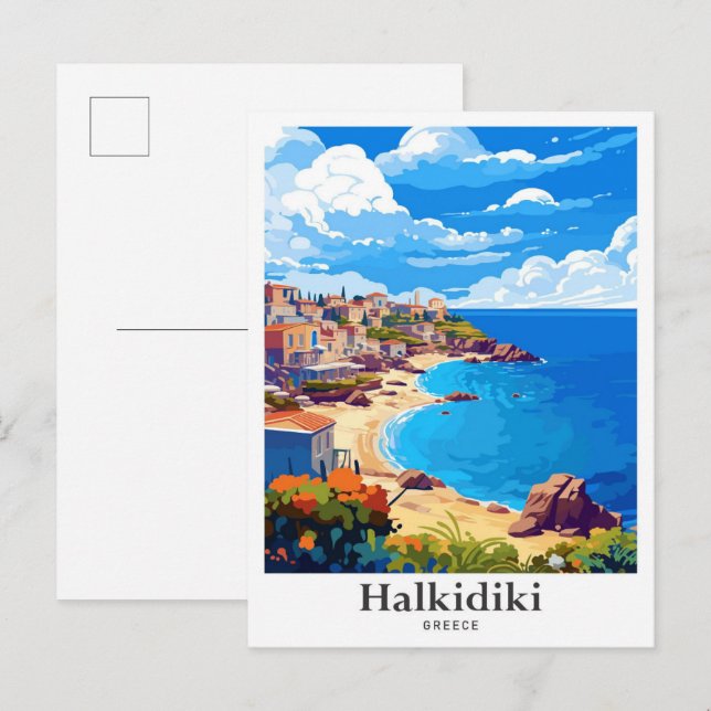 Halkidiki Greece Vintage Travel Illustration Postcard (Front/Back)