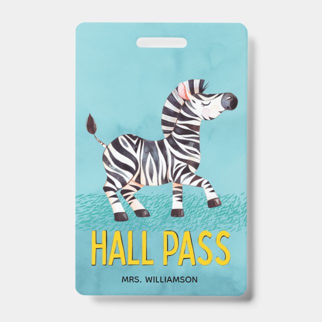 Hall Pass Cute Zebra Classroom Teacher ID Badge (Front)