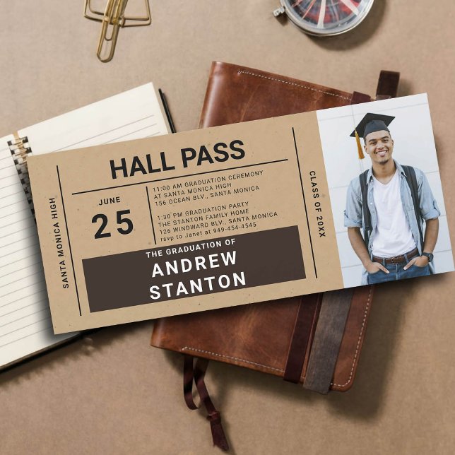 Hall Pass Grad Party Craft High School Invitation (boys graduation party ideas high school hall pass unique personalized invites brown craft paper)