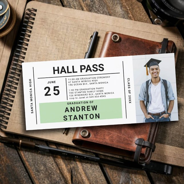 Hall Pass Grad Party Green High School Invitation (boy graduation party ideas high school hall pass invitation template male grad diy personalized fun)