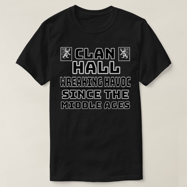 Hall Scottish Clan Family Kilt Tartan Lion T-Shirt (Design Front)