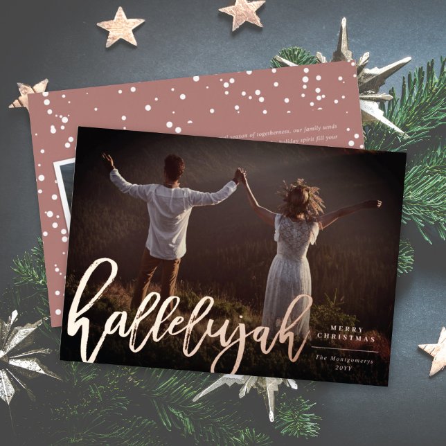 Hallelujah Brush Script Religious Christmas Photo Foil Holiday Card (Creator Uploaded)