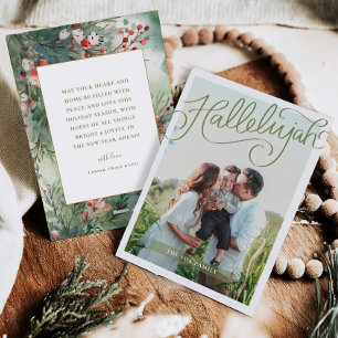 Hallelujah Watercolor Holly Family Christmas Card