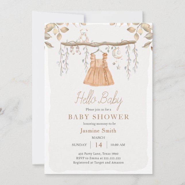 Hallo Baby Clothes Girl Bohemian Baby Shower Invitation (Front)