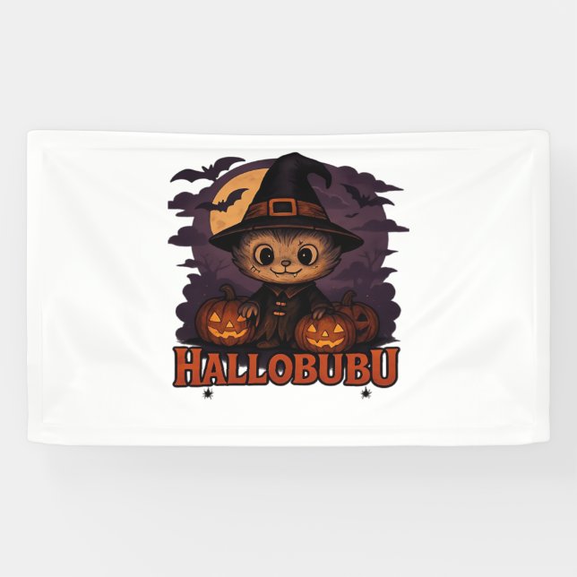 Hallobubu Halloween Cute & Spooky Witch Cat T-Shir Banner (Horizontal)