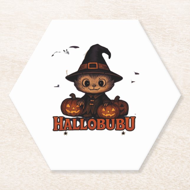 Hallobubu Halloween Cute & Spooky Witch Cat T-Shir Paper Coaster (Front)