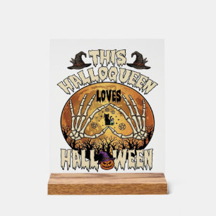 Halloqueen Loves Halloween Skeleton Hands Black Ca Acrylic Sign