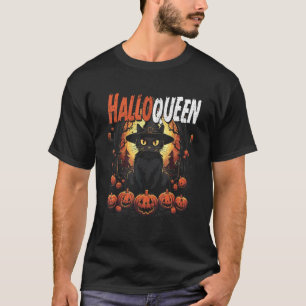Halloqueen Witchy Black Cat Between Pumpkin Heads T-Shirt