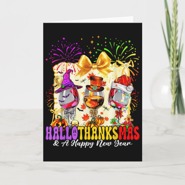 Hallothanksmas And A Happy New Year Wine Gles Fire Card (Front)