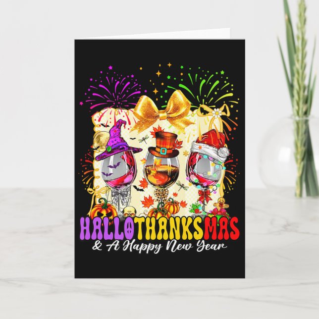 Hallothanksmas And A Happy New Year Wine Gles Fire Card (Front)