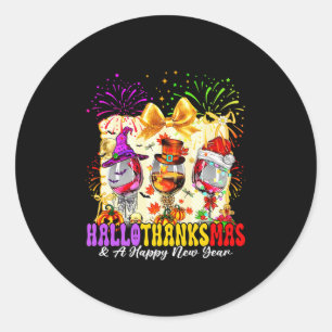 Hallothanksmas And A Happy New Year Wine Gles Fire Classic Round Sticker