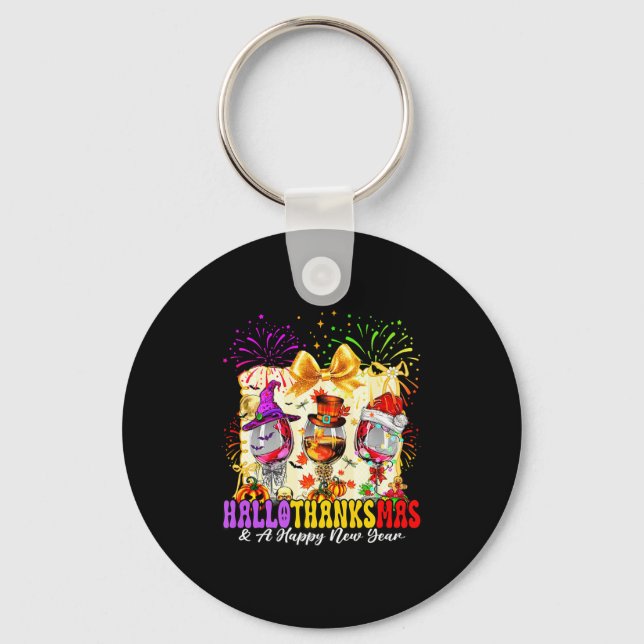 Hallothanksmas And A Happy New Year Wine Gles Fire Key Ring (Front)
