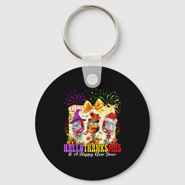 Hallothanksmas And A Happy New Year Wine Gles Fire Key Ring (Front)