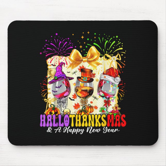 Hallothanksmas And A Happy New Year Wine Gles Fire Mouse Mat (Front)