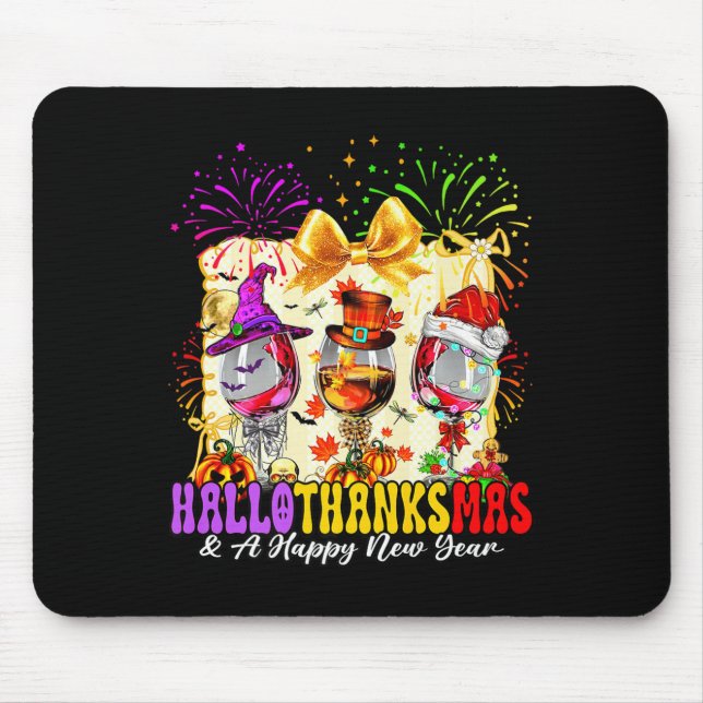 Hallothanksmas And A Happy New Year Wine Gles Fire Mouse Mat (Front)