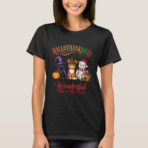 Hallothanksmas Cats Funny Halloween Thanksgiving X T-Shirt