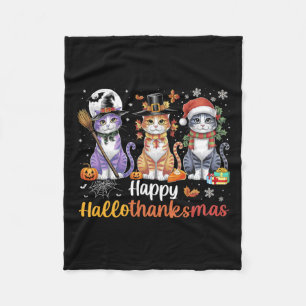 Hallothanksmas Cats Halloween Thanksgiving Christm Fleece Blanket