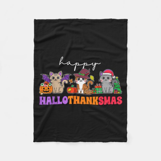 Hallothanksmas Cats _ Uni-adults, Uni-kids, Black, Fleece Blanket (Front)