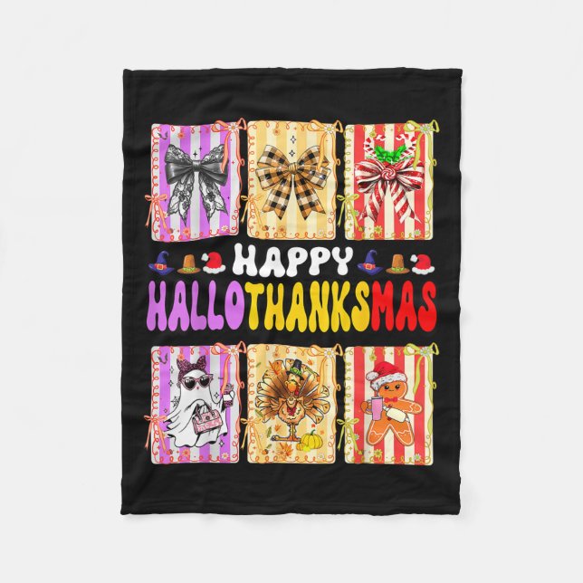 Hallothanksmas Coquette Bow Halloween Thanksgiving Fleece Blanket (Front)