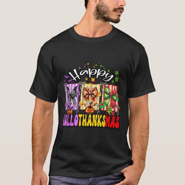 Hallothanksmas Coquette Bow Halloween Thanksgiving T-Shirt (Front)