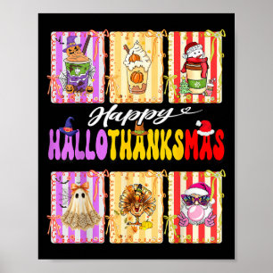 Hallothanksmas Cute Turkey Santa Halloween Thanksg Poster