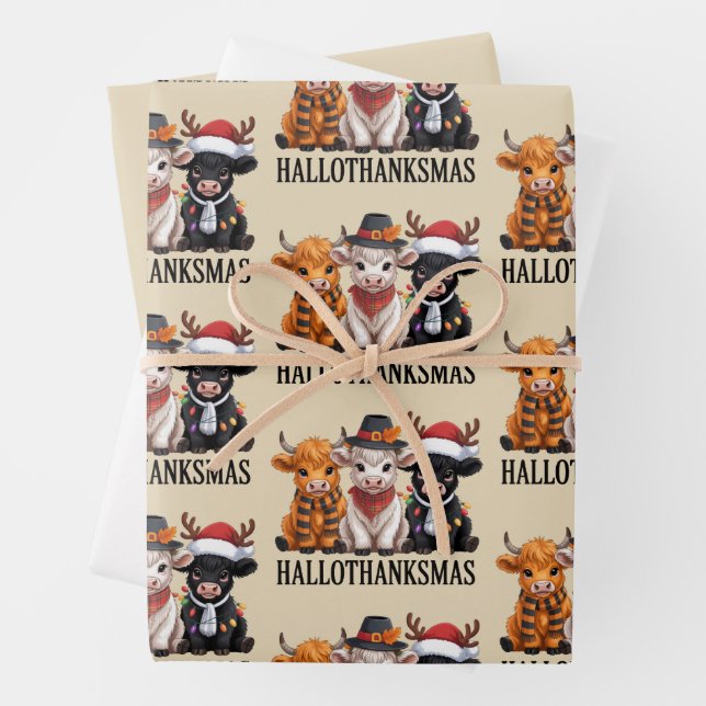 Hallothanksmas Fall Cow Spooky Season Farmer Xmas Wrapping Paper Sheet (In situ)