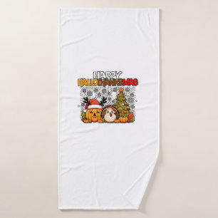 HalloThanksMas Funny Cute Halloween Thanksgiving C Bath Towel