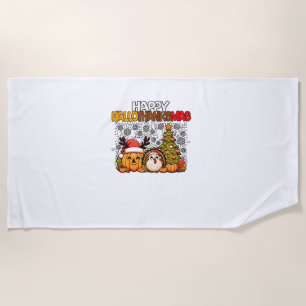 HalloThanksMas Funny Cute Halloween Thanksgiving C Beach Towel