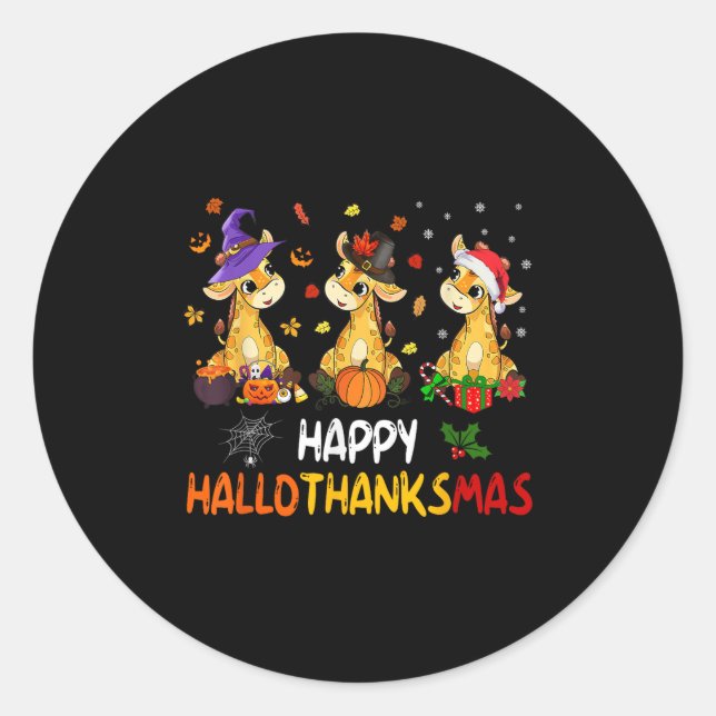 Hallothanksmas Giraffe Halloween Thanksgiving Chri Classic Round Sticker (Front)