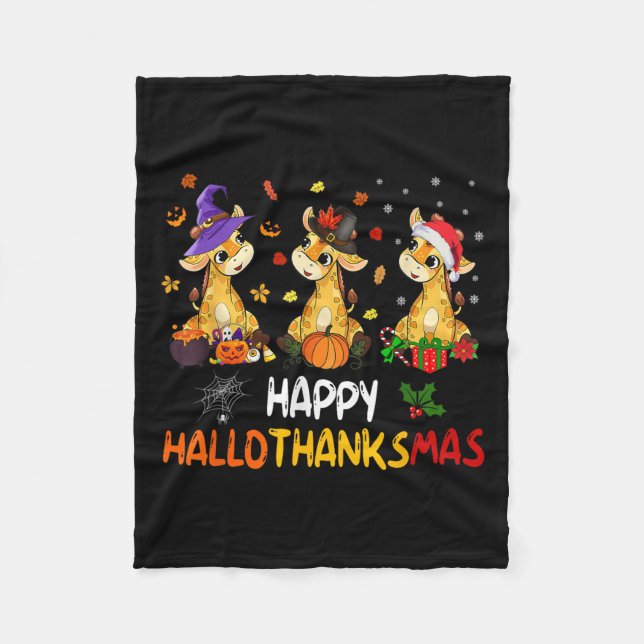 Hallothanksmas Giraffe Halloween Thanksgiving Chri Fleece Blanket (Front)