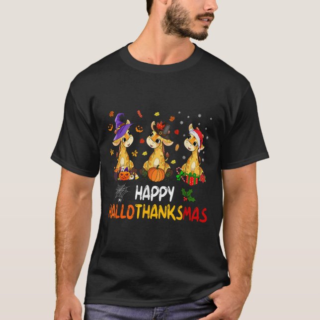 Hallothanksmas Giraffe Halloween Thanksgiving Chri T-Shirt (Front)