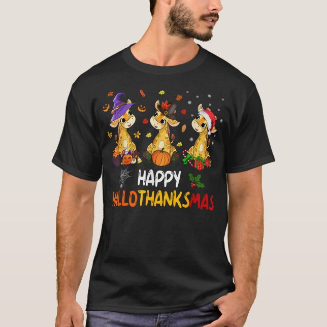Hallothanksmas Giraffe Halloween Thanksgiving Chri T-Shirt (Front)