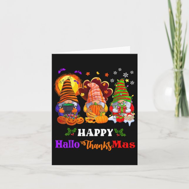 Hallothanksmas Gnomes Halloween Thanksgiving Merry Card (Front)