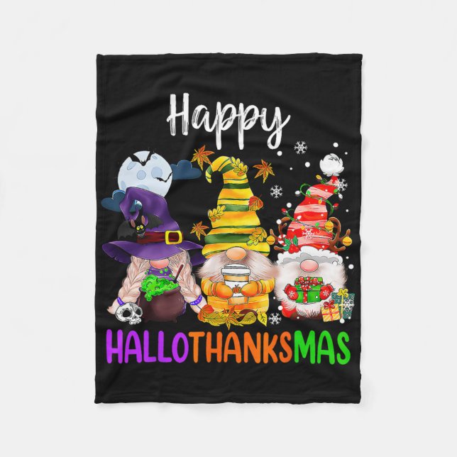 Hallothanksmas Gnomes Halloween Thanksgiving Merry Fleece Blanket (Front)
