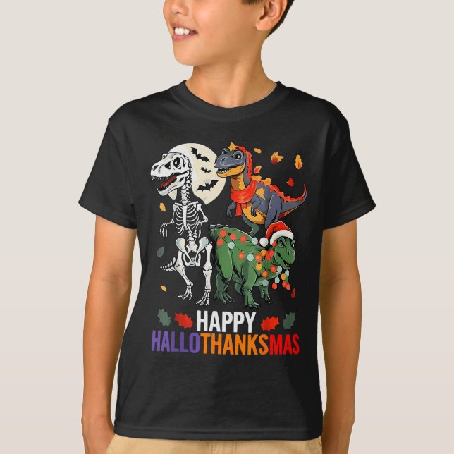 Hallothanksmas Halloween Thanksgiving Christmas Di T-Shirt (Front)