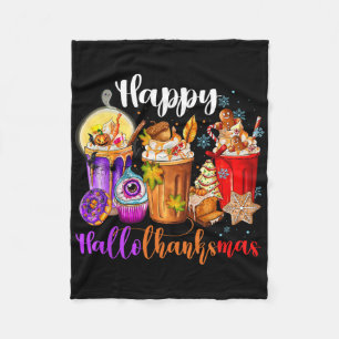 Hallothanksmas Halloween Thanksgiving Christmas Fleece Blanket