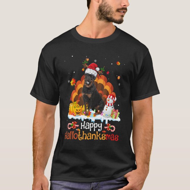 HalloThanksMas Halloween Thanksgiving Christmas Ro T-Shirt (Front)