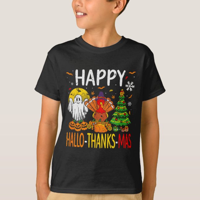 Hallothanksmas Halloween Thanksgiving Christmas  T-Shirt (Front)