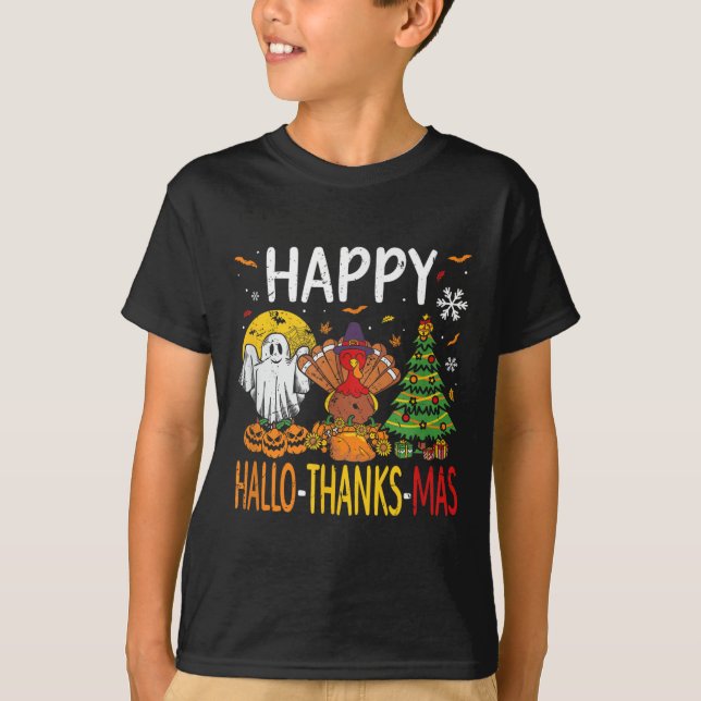 Hallothanksmas Halloween Thanksgiving Christmas  T-Shirt (Front)