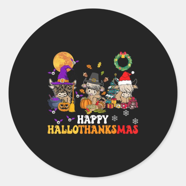 Hallothanksmas Highland Cow Halloween Christmas Th Classic Round Sticker (Front)